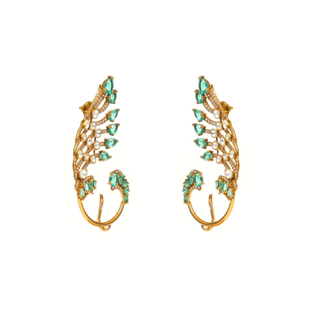 Leafline Emerald: slender leaf-inspired earrings with green accents and clear stone detailing