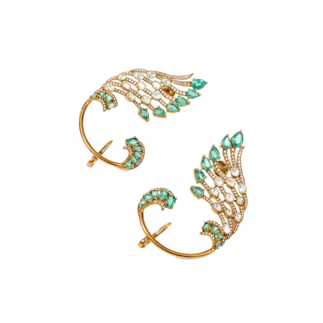 Leafline Emerald: slender leaf-inspired earrings with green accents and clear stone detailing