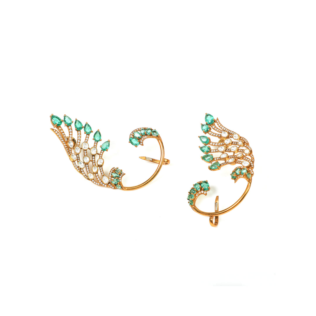 Leafline Emerald: slender leaf-inspired earrings with green accents and clear stone detailing