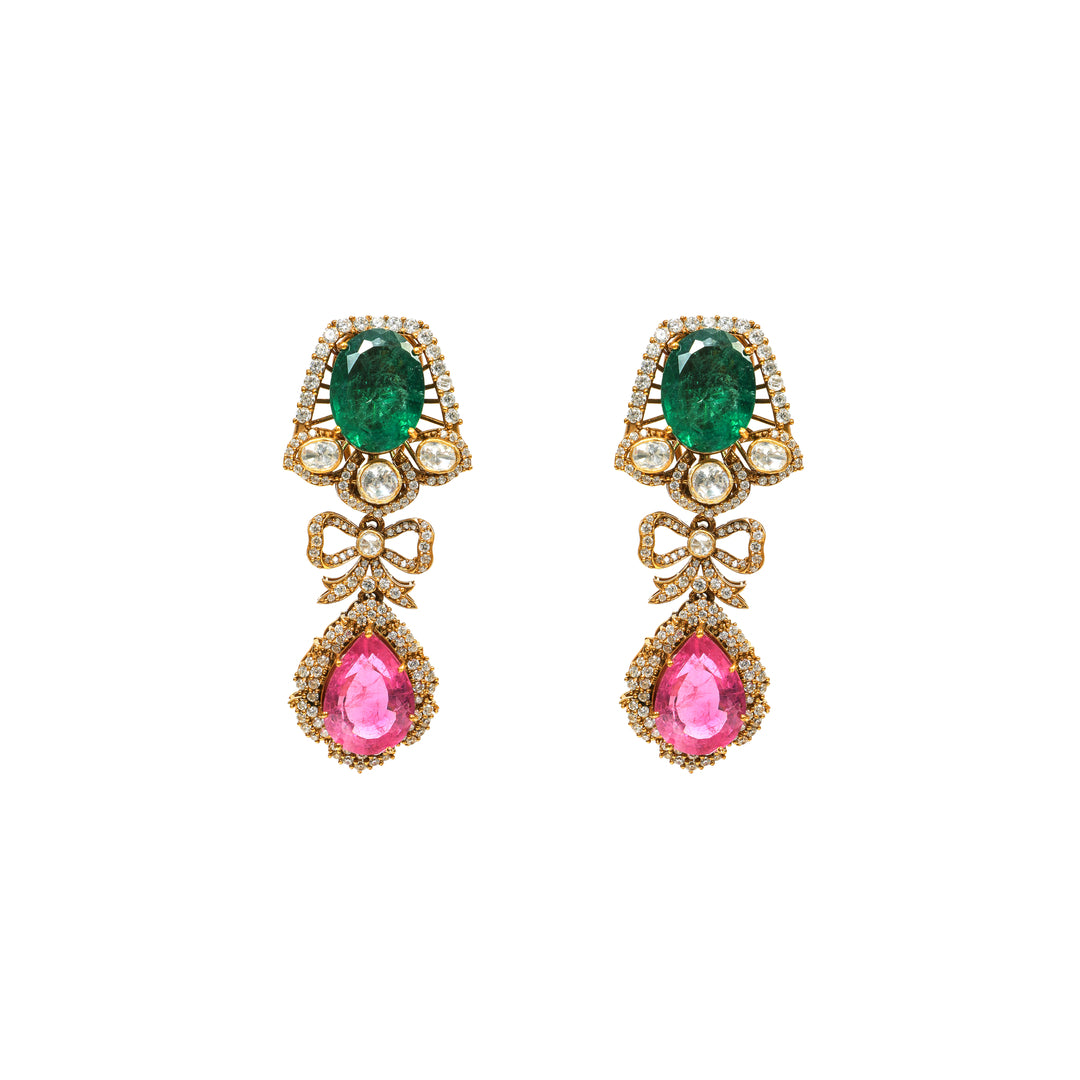 Emerald Rose Linear: linear earrings with green upper stones, pink drops and clear accents