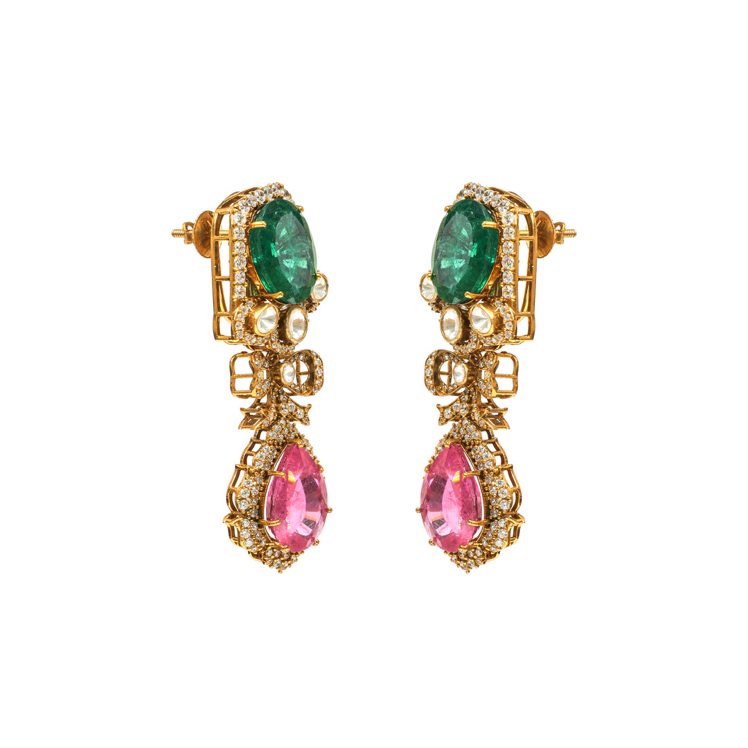 Emerald Rose Linear: linear earrings with green upper stones, pink drops and clear accents