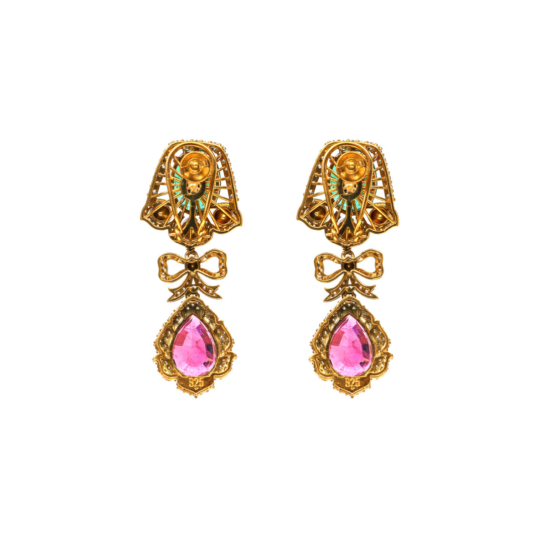 Emerald Rose Linear: linear earrings with green upper stones, pink drops and clear accents