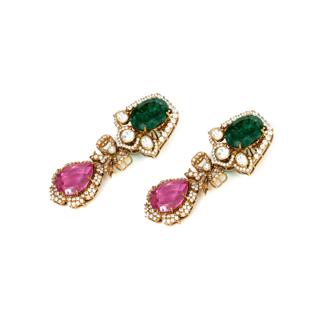 Emerald Rose Linear: linear earrings with green upper stones, pink drops and clear accents