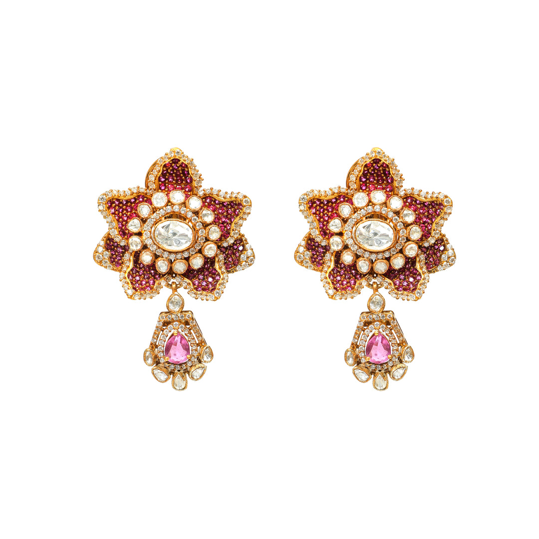 Gulabi Floral Halo: floral earrings with pink and red accents and a teardrop finish