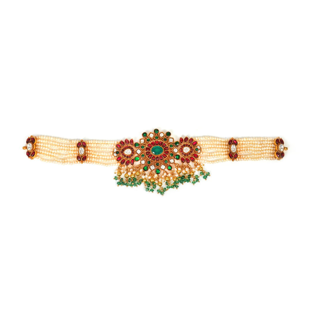 Rajwada Choker: traditional choker with a central red-and-green floral medallion and ornate detailing