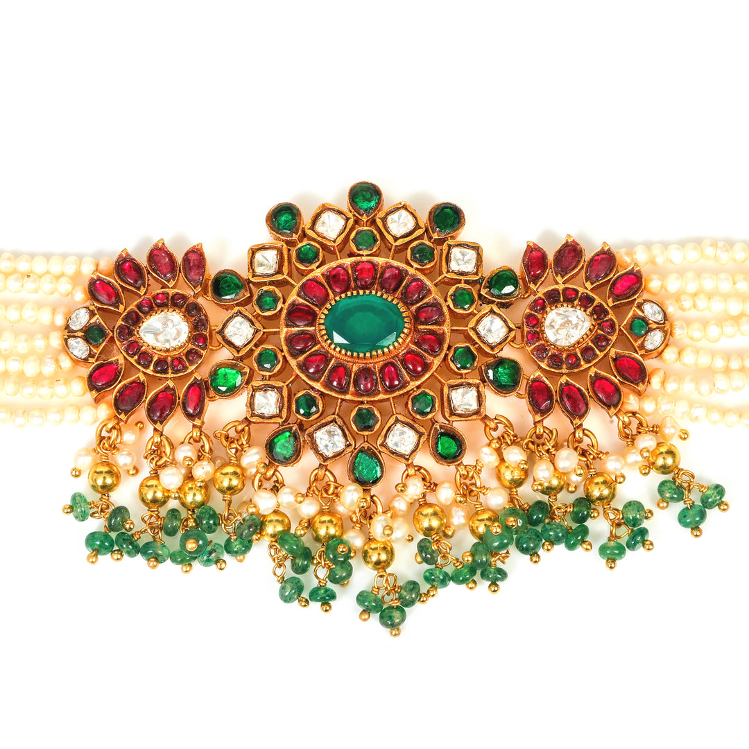 Rajwada Choker: traditional choker with a central red-and-green floral medallion and ornate detailing