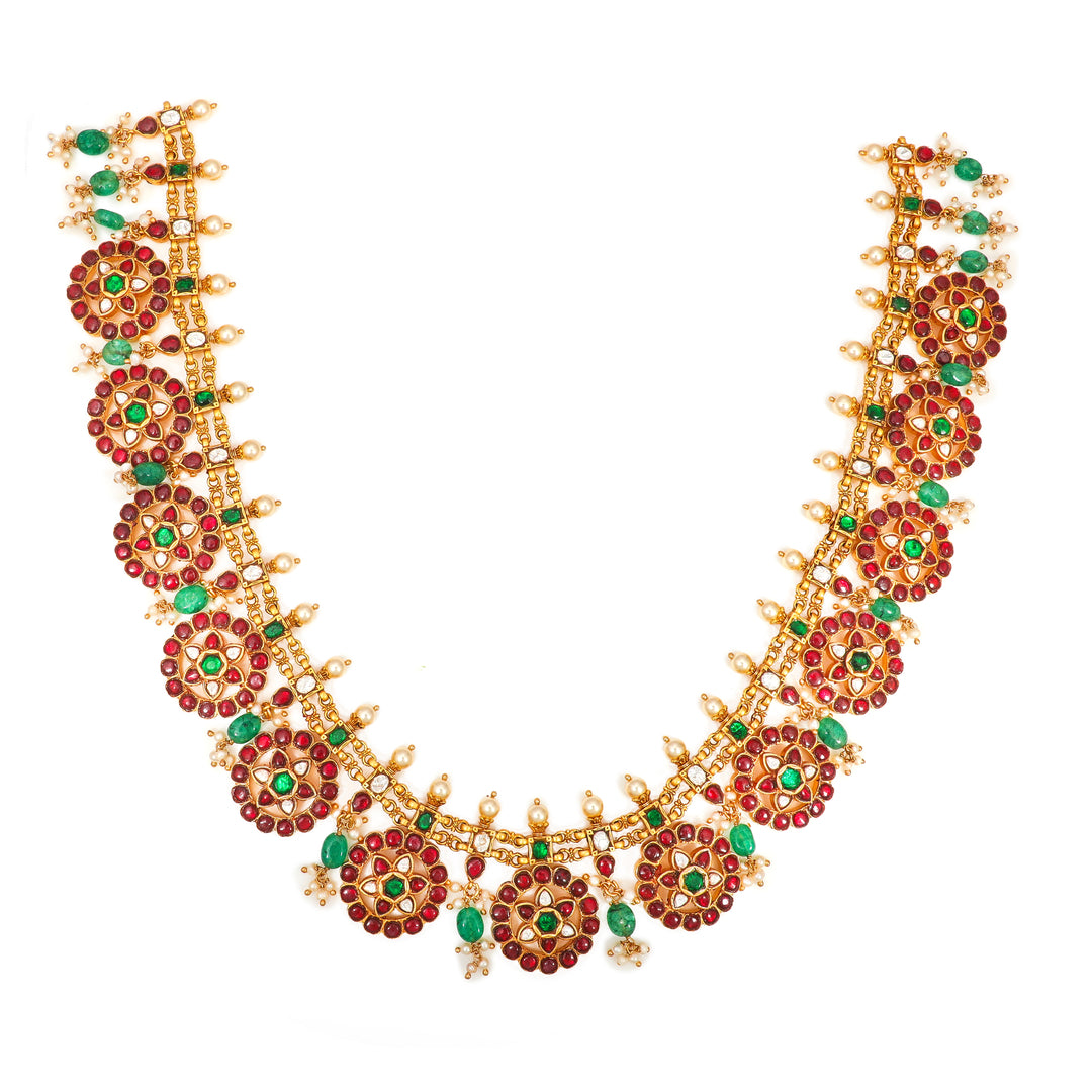 Meenakari Floral Haar: long statement necklace with repeating red and green floral motifs