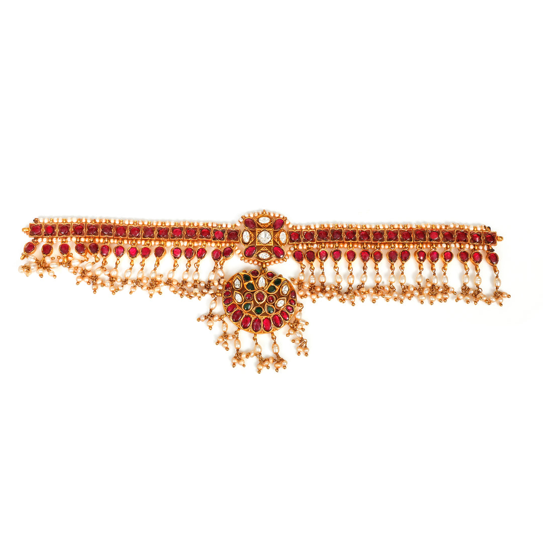 Gulbahar Forehead Ornament: ornamental forehead band with a central floral medallion and red accents