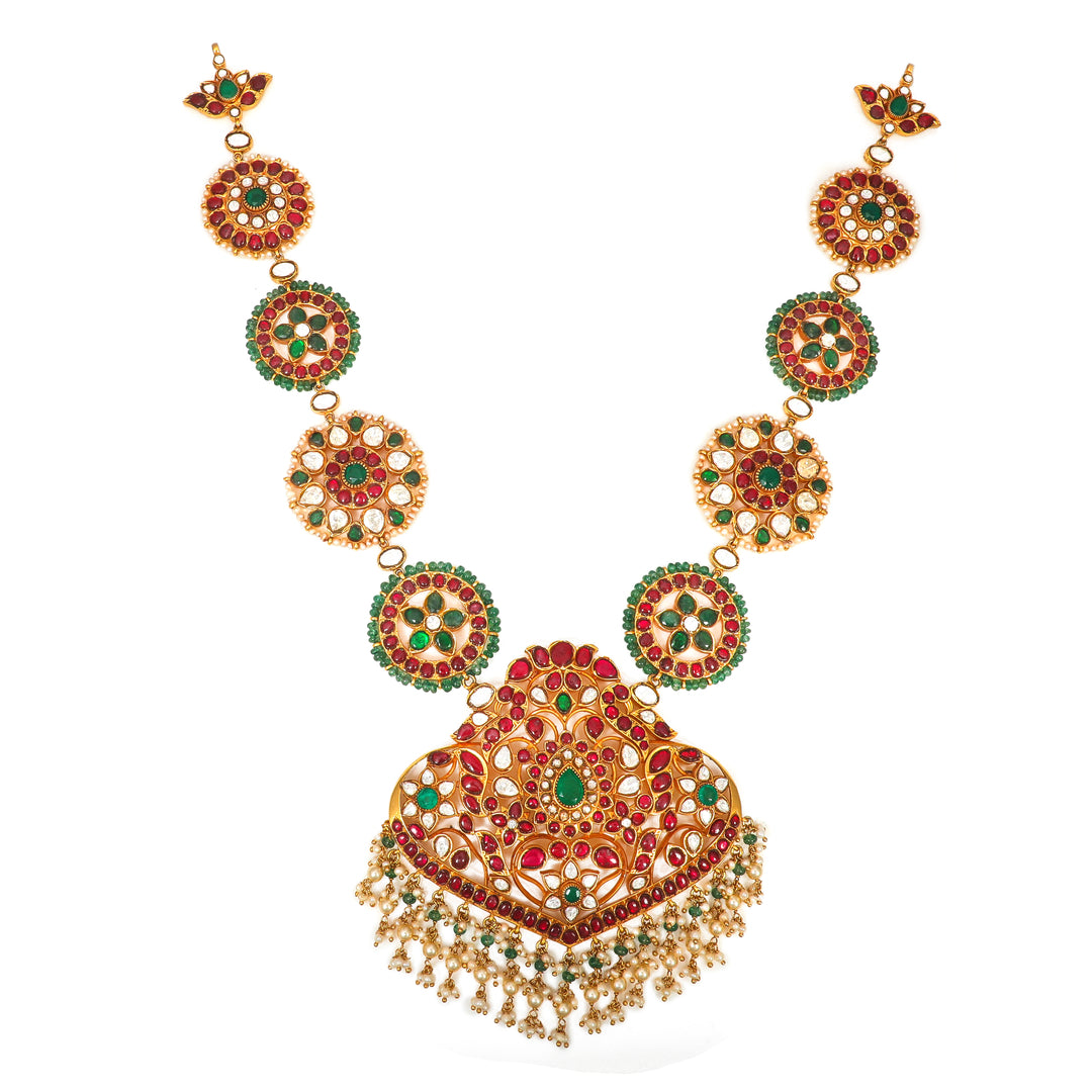 Rang Mahal Pendant Necklace: statement necklace with a large ornate pendant and red and green accents