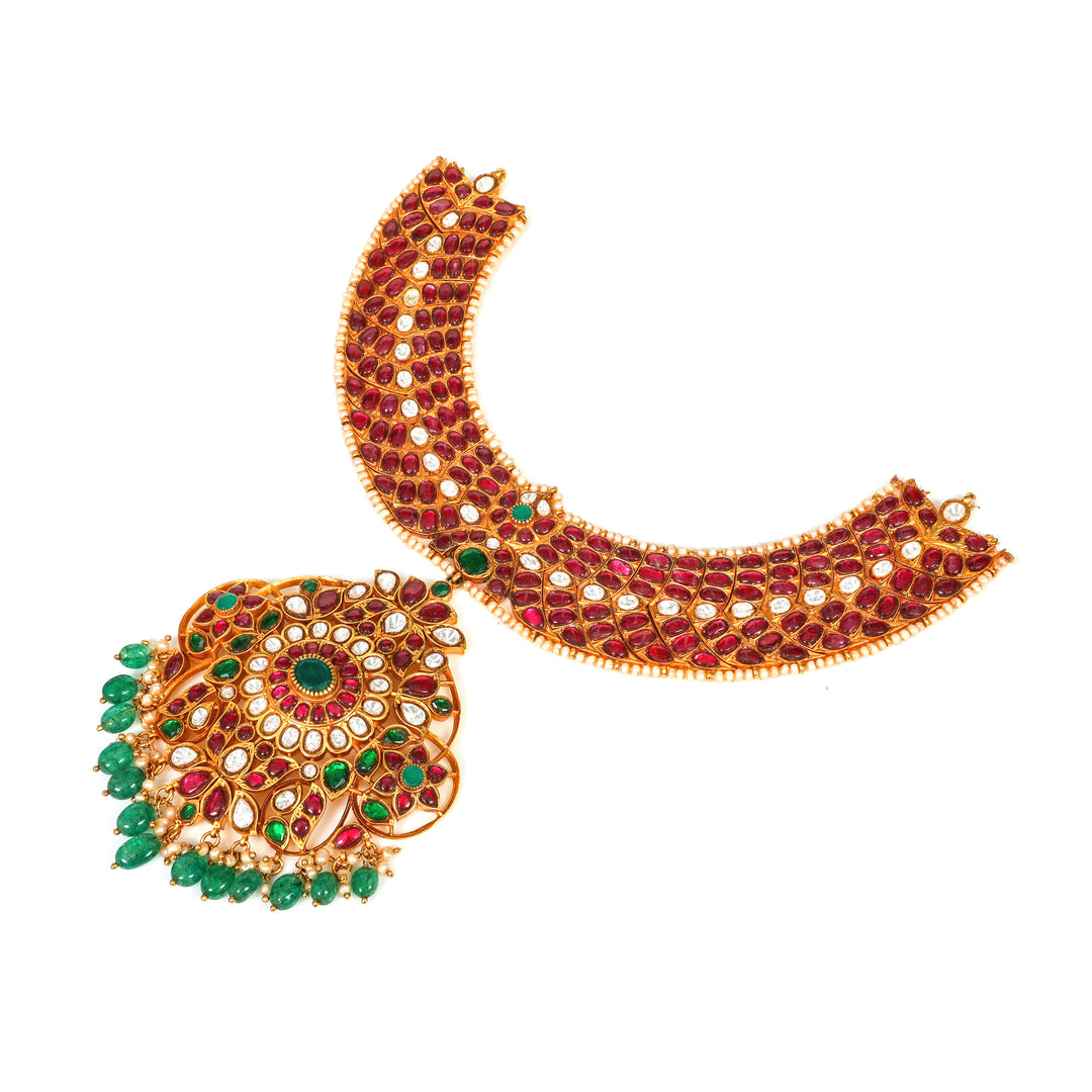Rani Red Layered Choker: layered red-toned choker with a large circular pendant and green accents