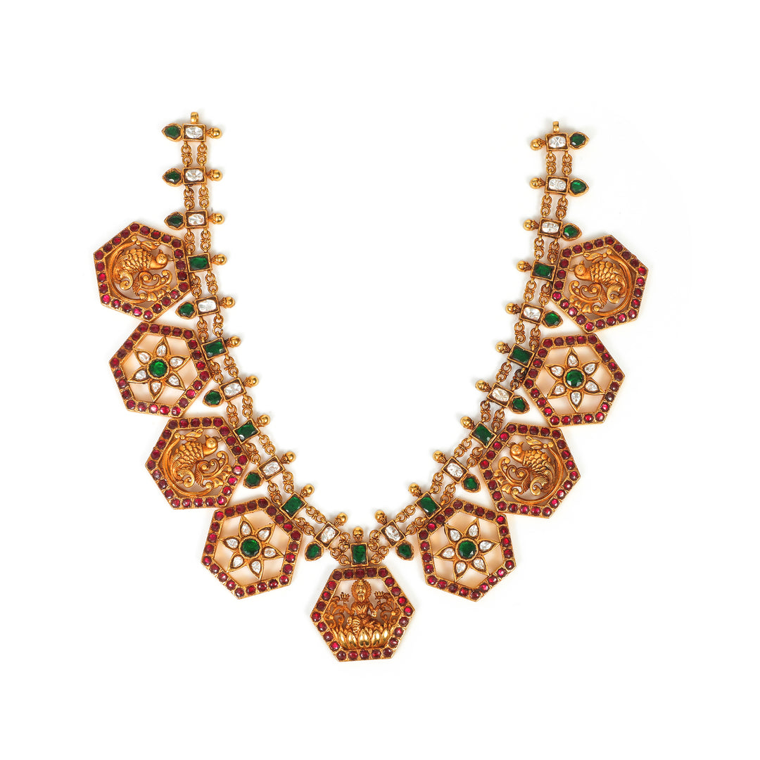Rajputana Geometric Collar: geometric statement necklace with repeating angular motifs and warm-toned stone accents