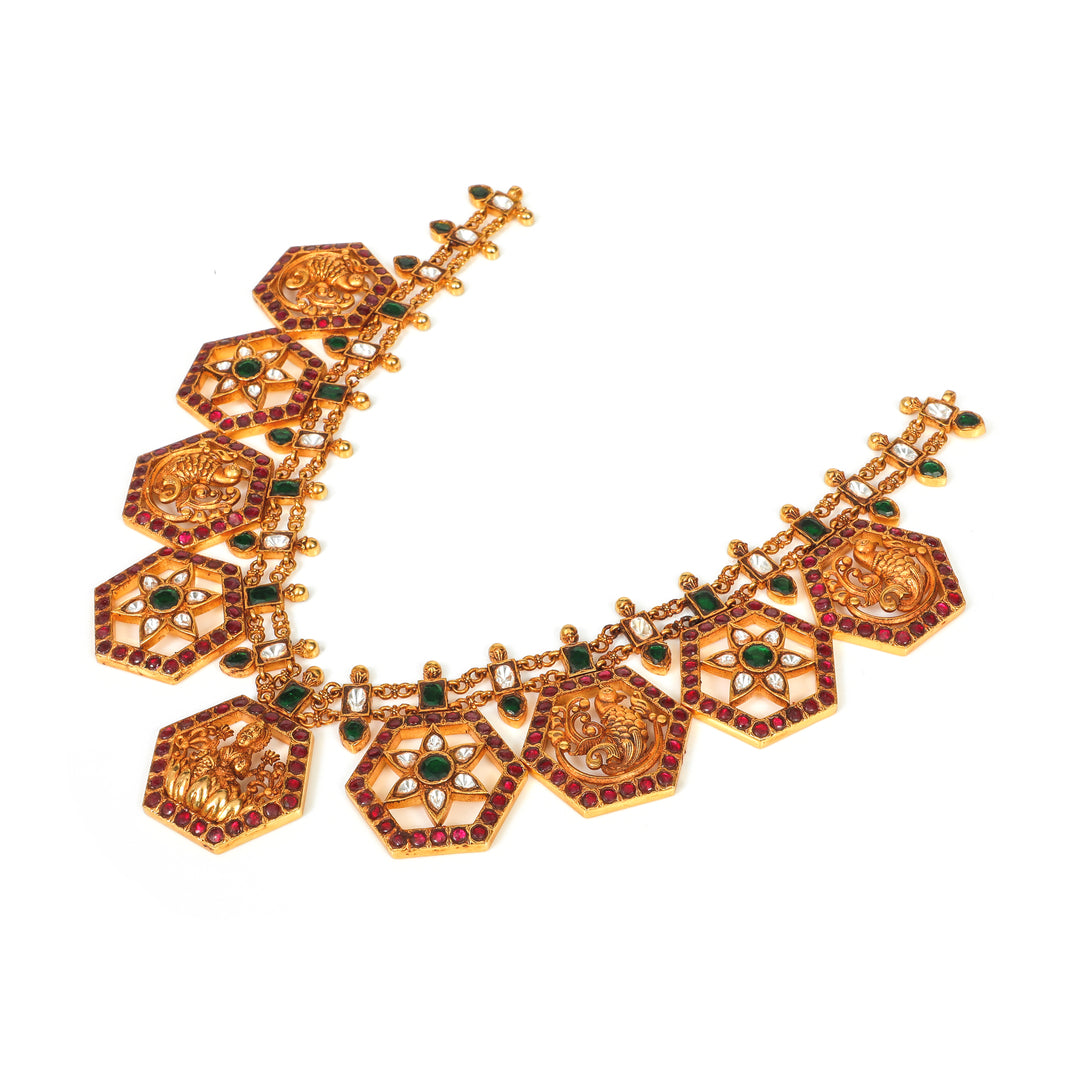 Rajputana Geometric Collar: geometric statement necklace with repeating angular motifs and warm-toned stone accents