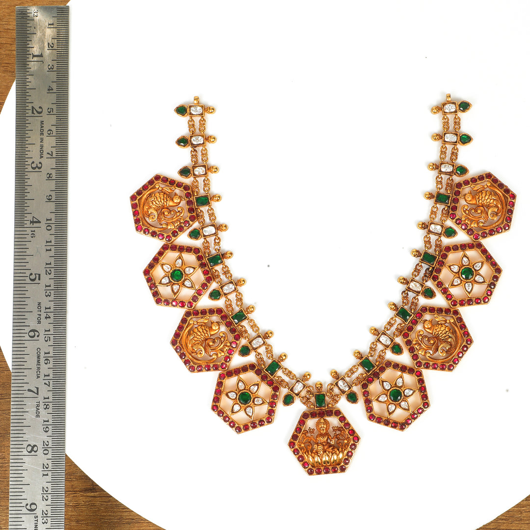 Rajputana Geometric Collar: geometric statement necklace with repeating angular motifs and warm-toned stone accents