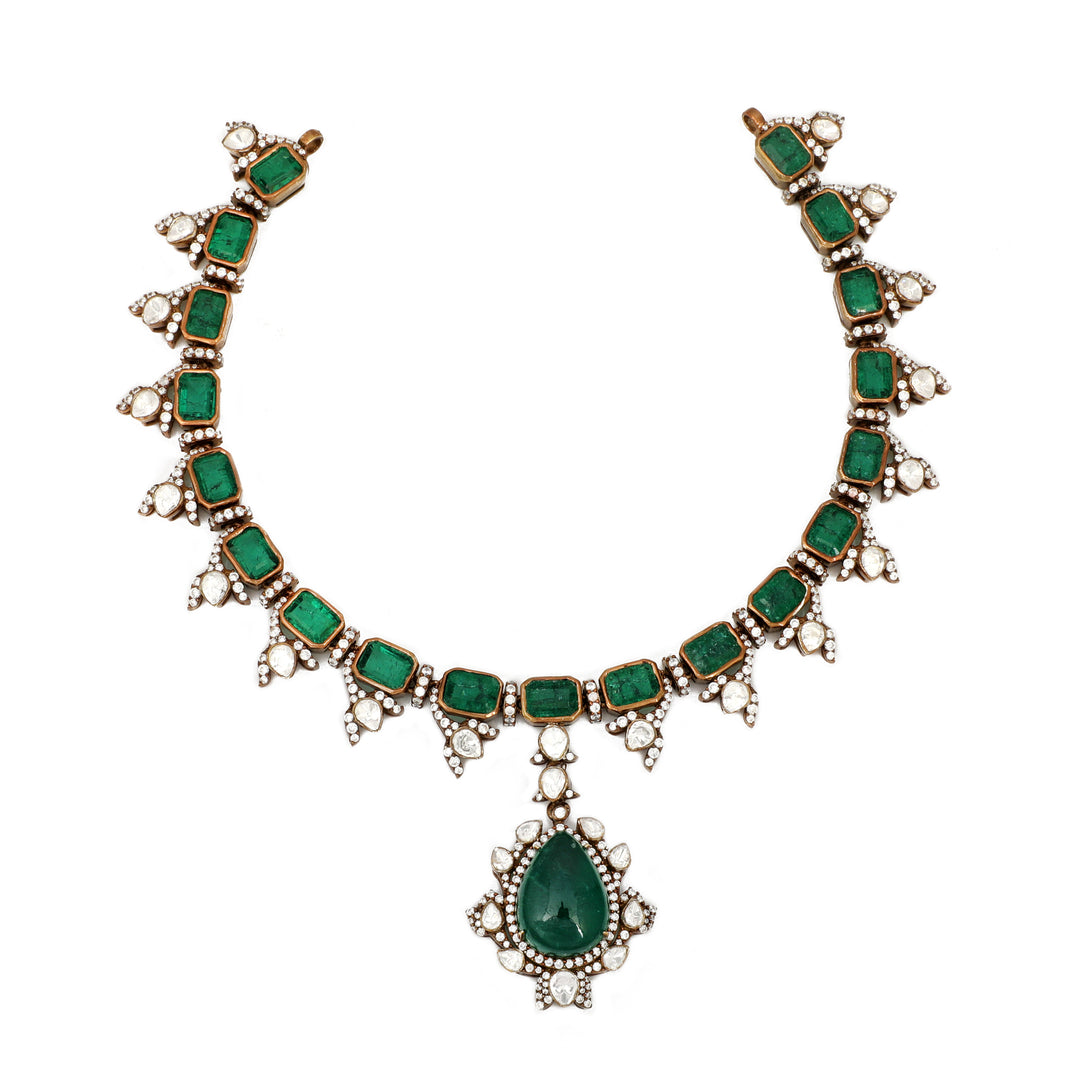 Emerald Drop Collar: slender green-accented collar necklace with a central teardrop pendant