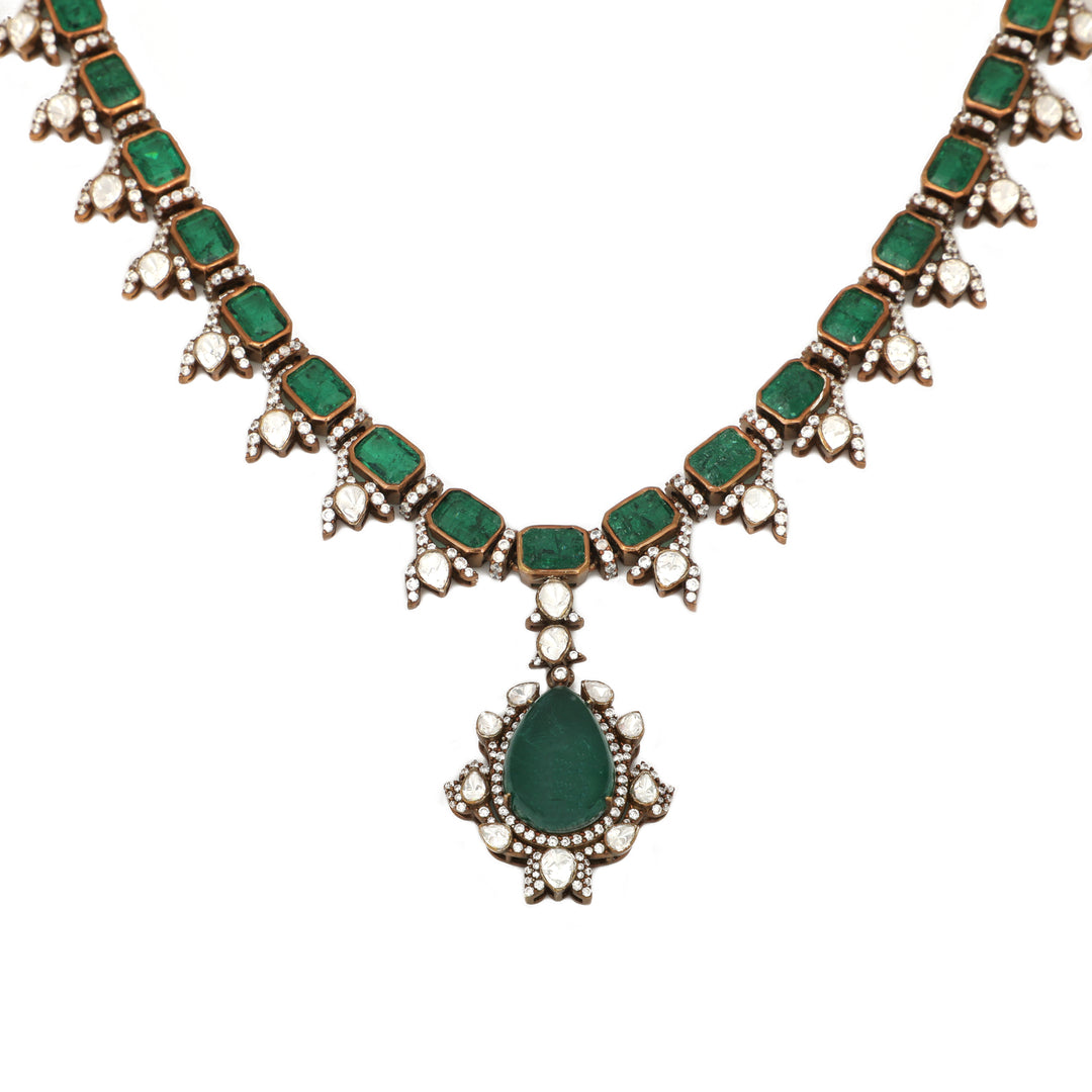 Emerald Drop Collar: slender green-accented collar necklace with a central teardrop pendant
