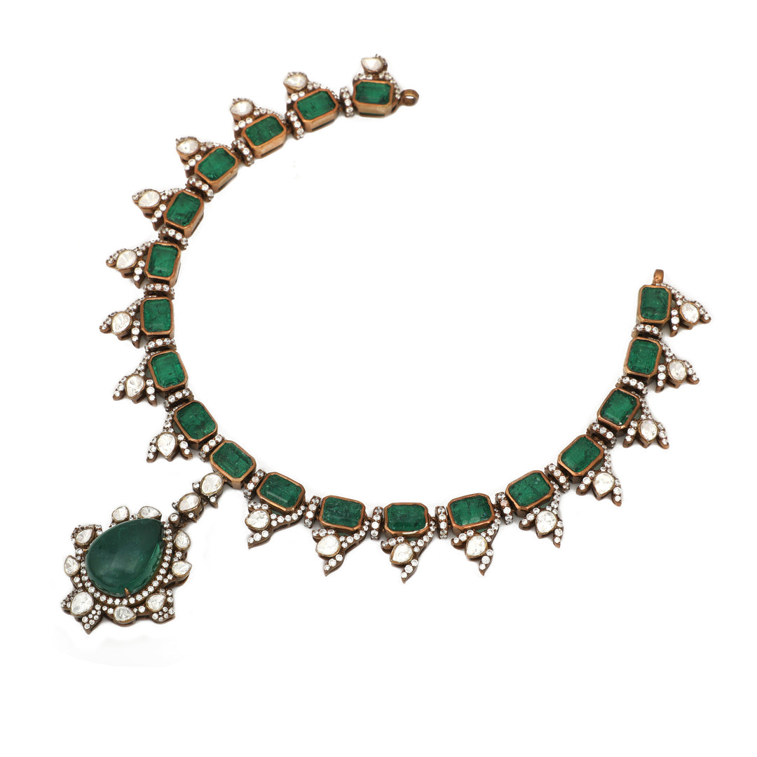 Emerald Drop Collar: slender green-accented collar necklace with a central teardrop pendant