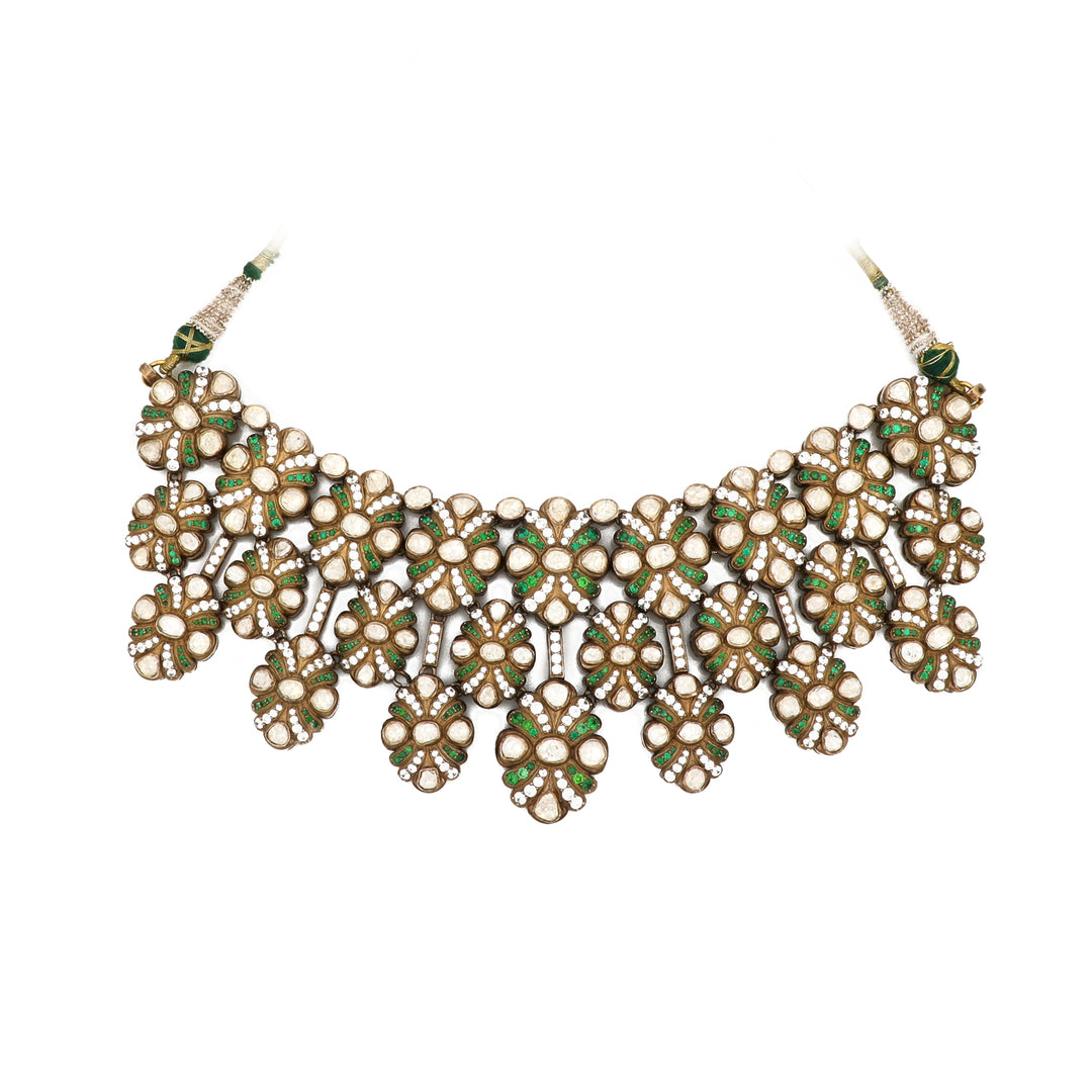 Mughal Leaf Collar: wide collar necklace with repeating leaf-shaped clear-stone motifs