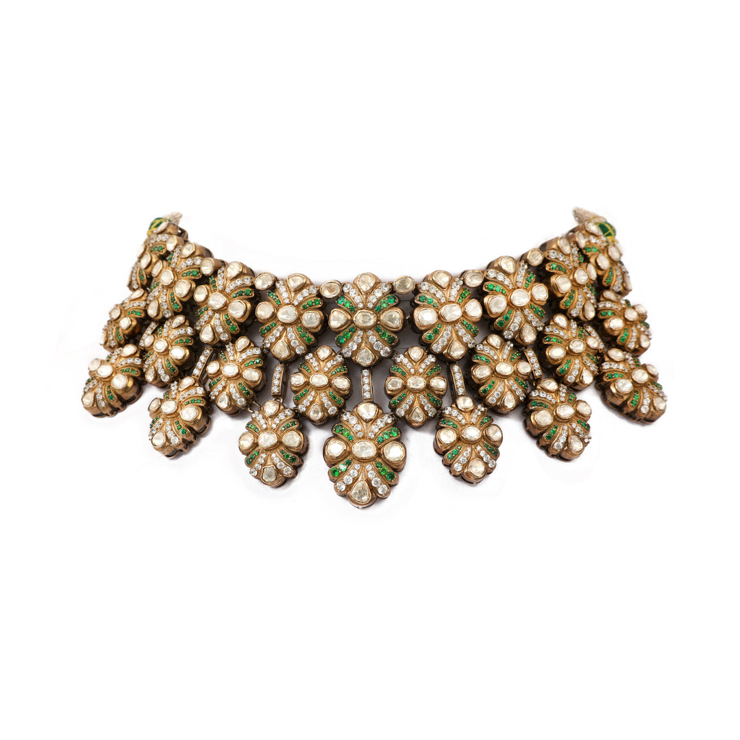 Mughal Leaf Collar: wide collar necklace with repeating leaf-shaped clear-stone motifs