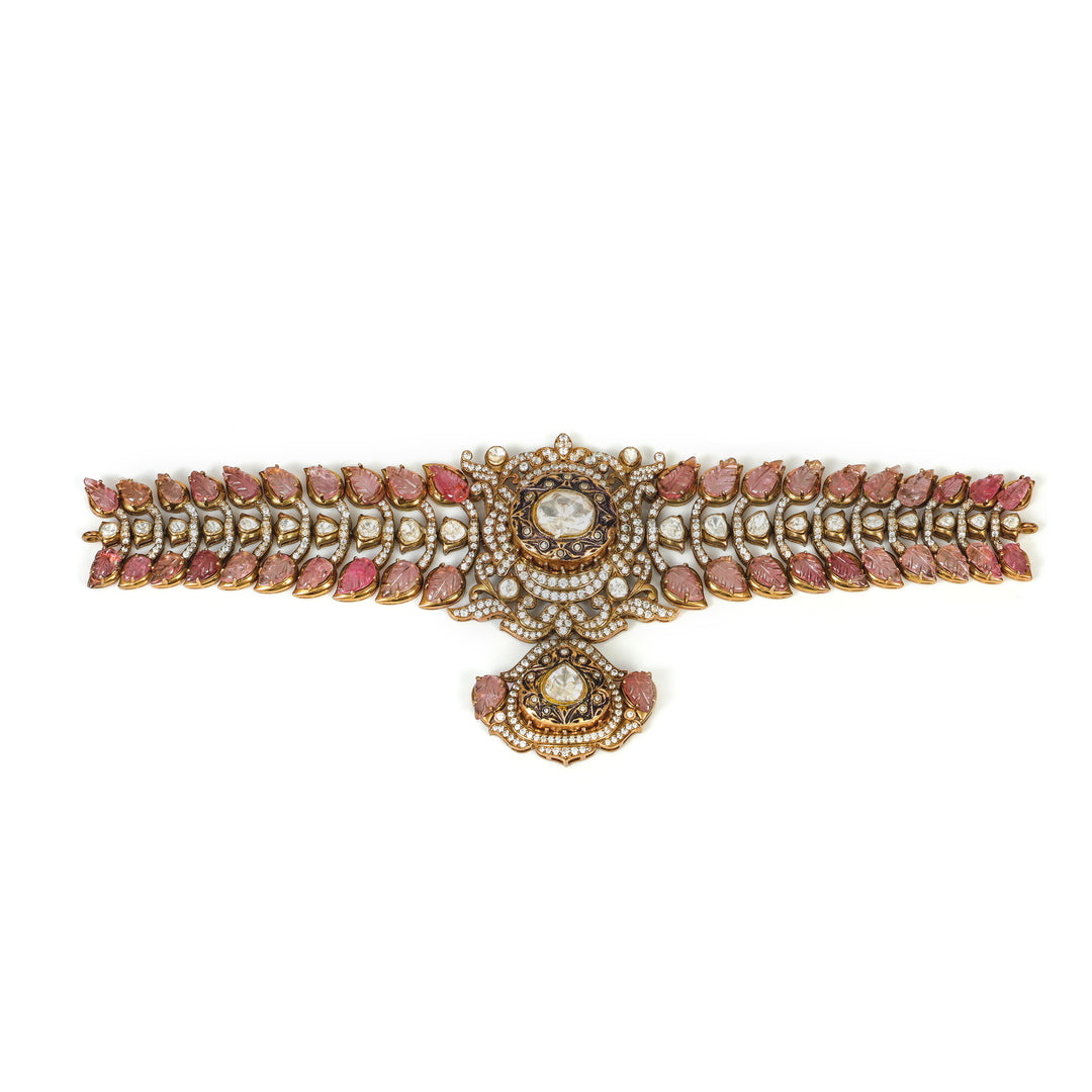 Rani Floral Choker: red-and-clear stone choker with a central floral medallion