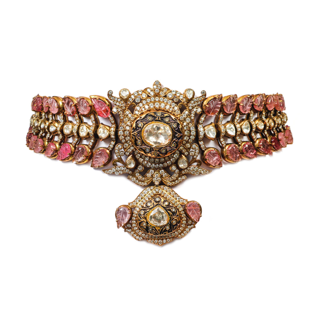Rani Floral Choker: red-and-clear stone choker with a central floral medallion