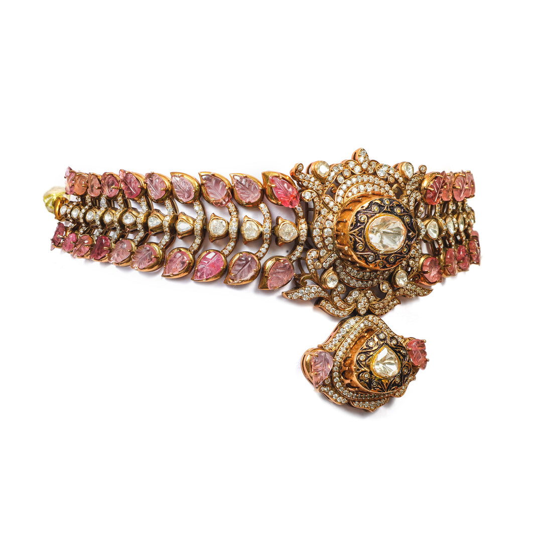 Rani Floral Choker: red-and-clear stone choker with a central floral medallion
