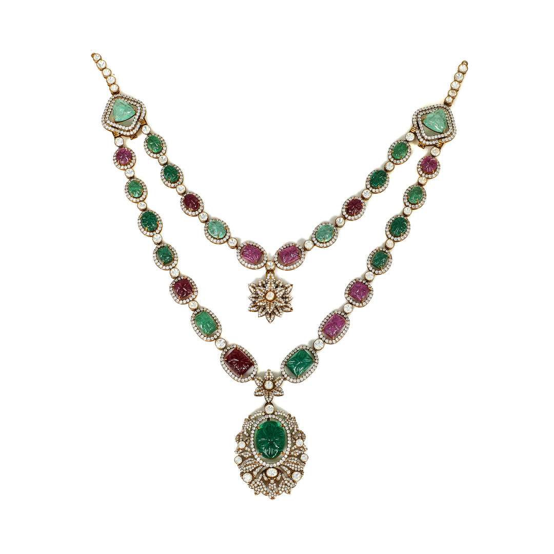 Emerald Ruby Layered Necklace: layered necklace with green and red accents and a central green pendant