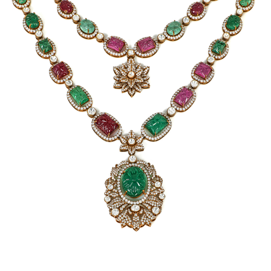 Emerald Ruby Layered Necklace: layered necklace with green and red accents and a central green pendant
