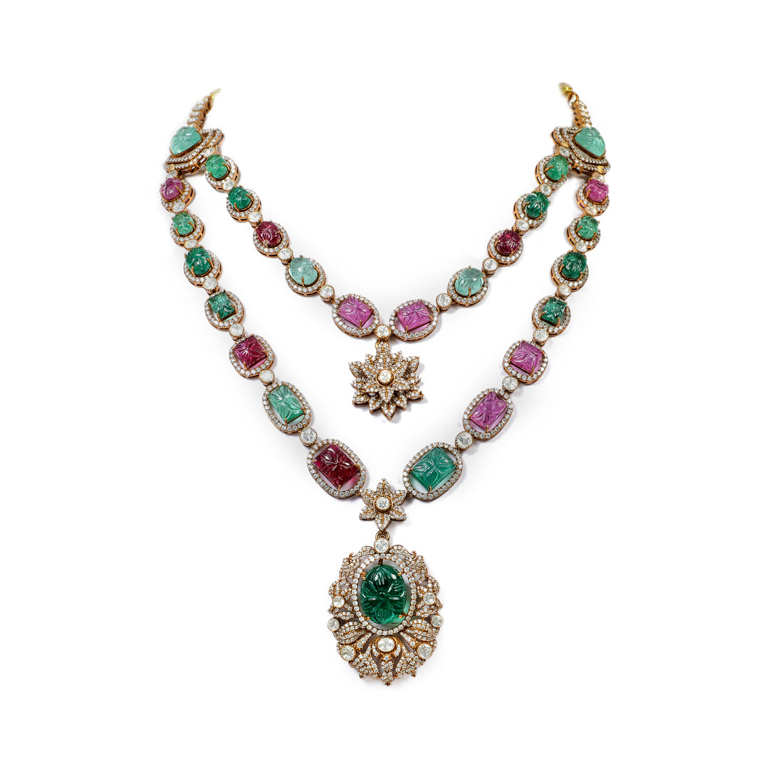 Emerald Ruby Layered Necklace: layered necklace with green and red accents and a central green pendant