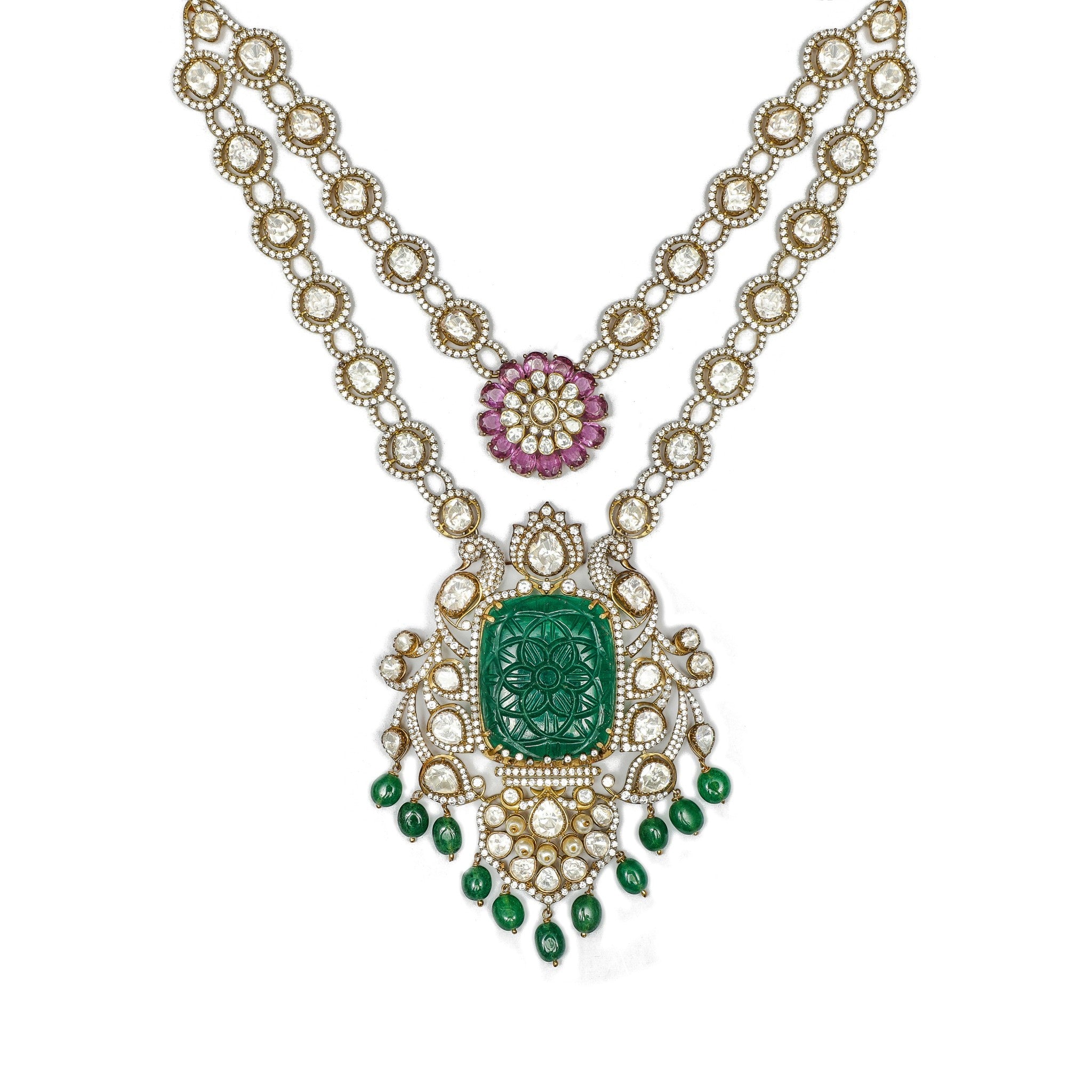 Ratnavali Carved Emerald Double-Layer Mala