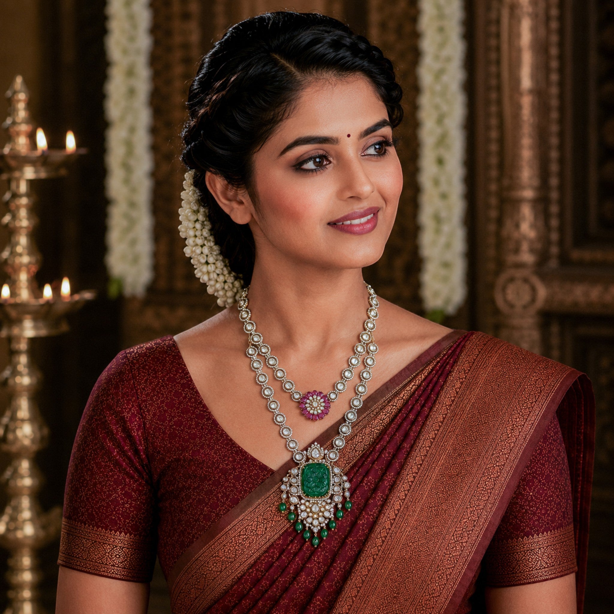 Ratnavali Carved Emerald Double-Layer Mala
