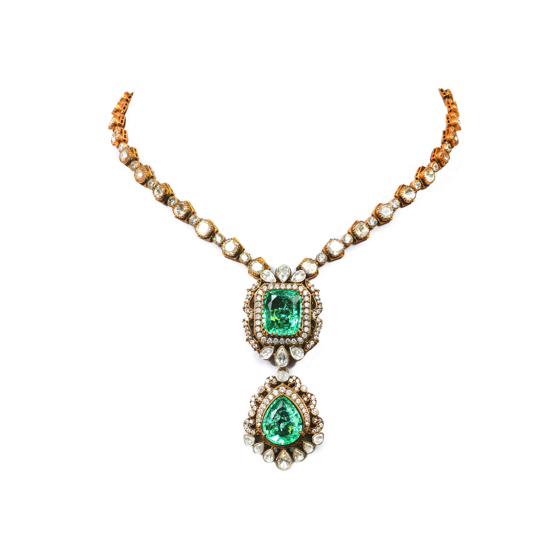 Emerald Twin Drop Necklace: delicate necklace with a green double-drop pendant