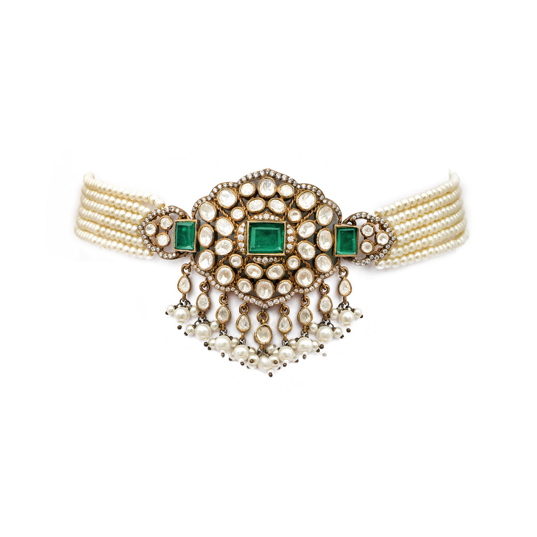 Emerald Medallion Choker: choker with a green centre stone, pearl-style bands and an ornate drop motif