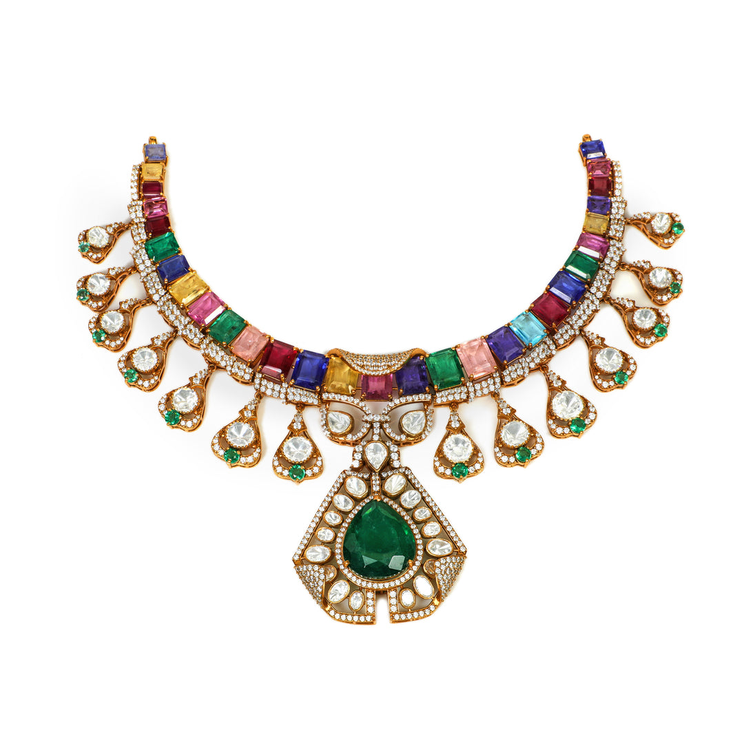 Rangrez Multicolour Collar: curved necklace with a bright multicolour band and green central pendant