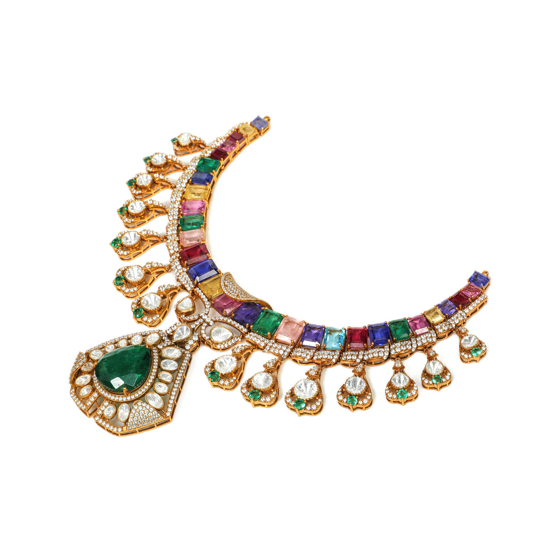 Rangrez Multicolour Collar: curved necklace with a bright multicolour band and green central pendant