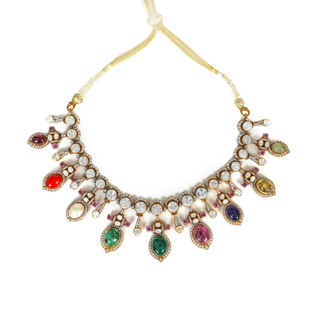 Multicolour Beaded Collar: collar necklace with a row of clear accents and multicolour drop stones