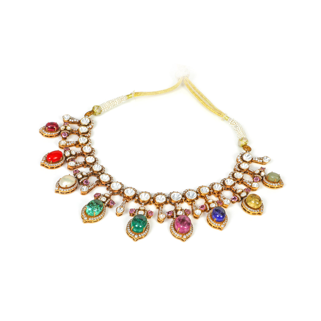 Multicolour Beaded Collar: collar necklace with a row of clear accents and multicolour drop stones