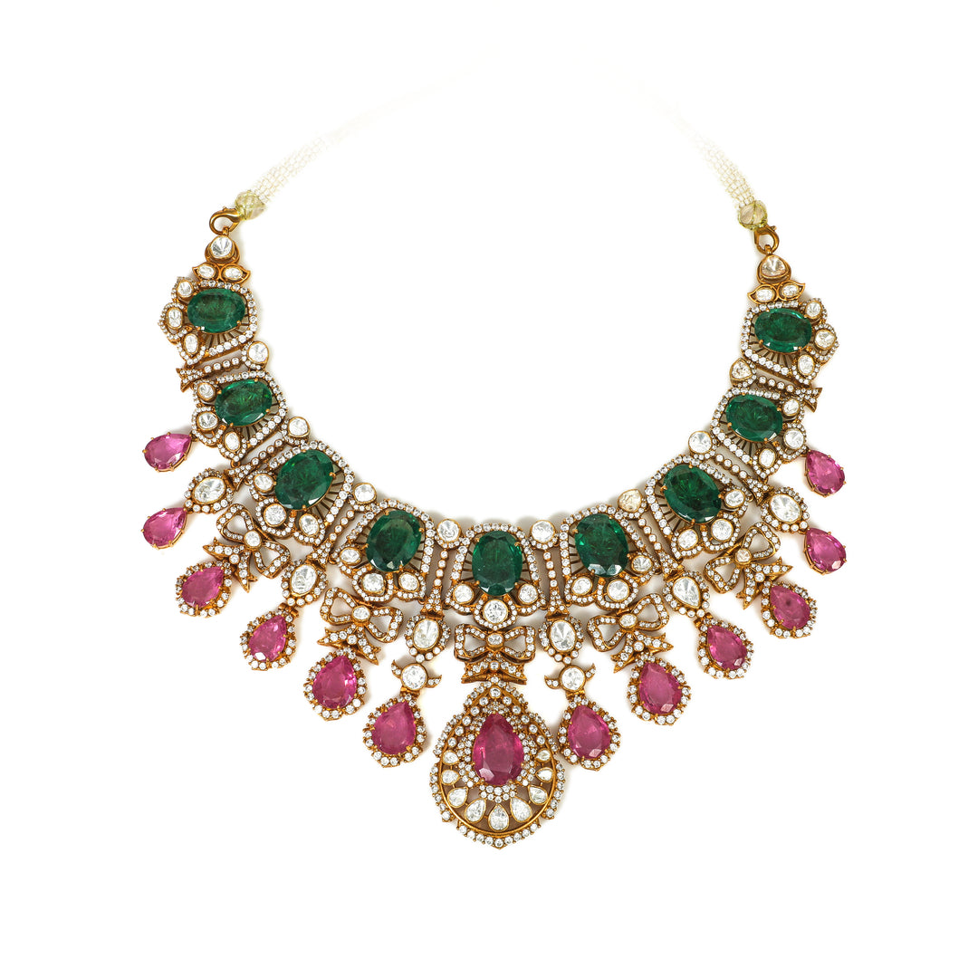 Rang Mahal Multicolour Collar: ornate collar necklace with green and pink accents and repeated decorative drops