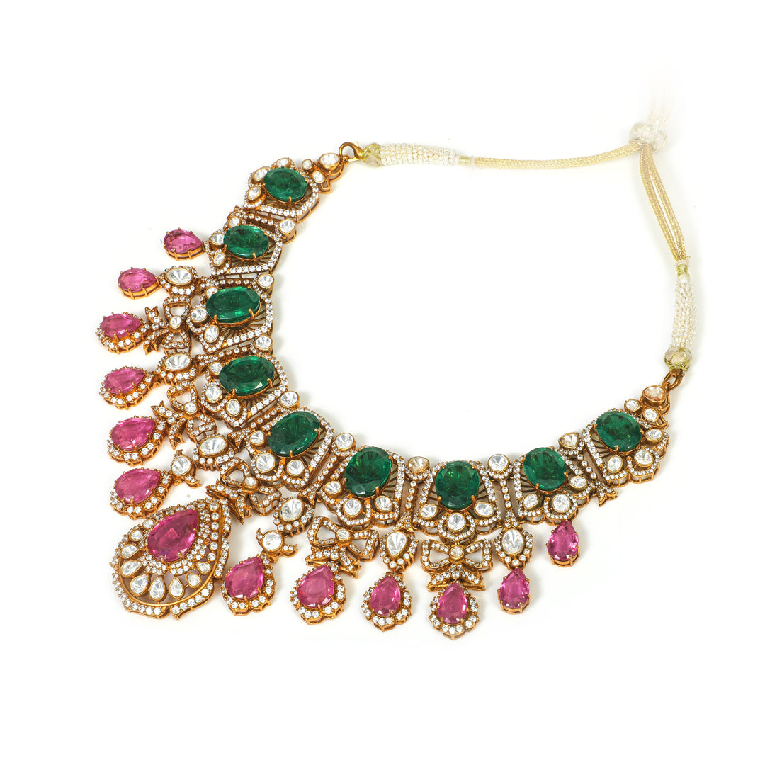 Rang Mahal Multicolour Collar: ornate collar necklace with green and pink accents and repeated decorative drops