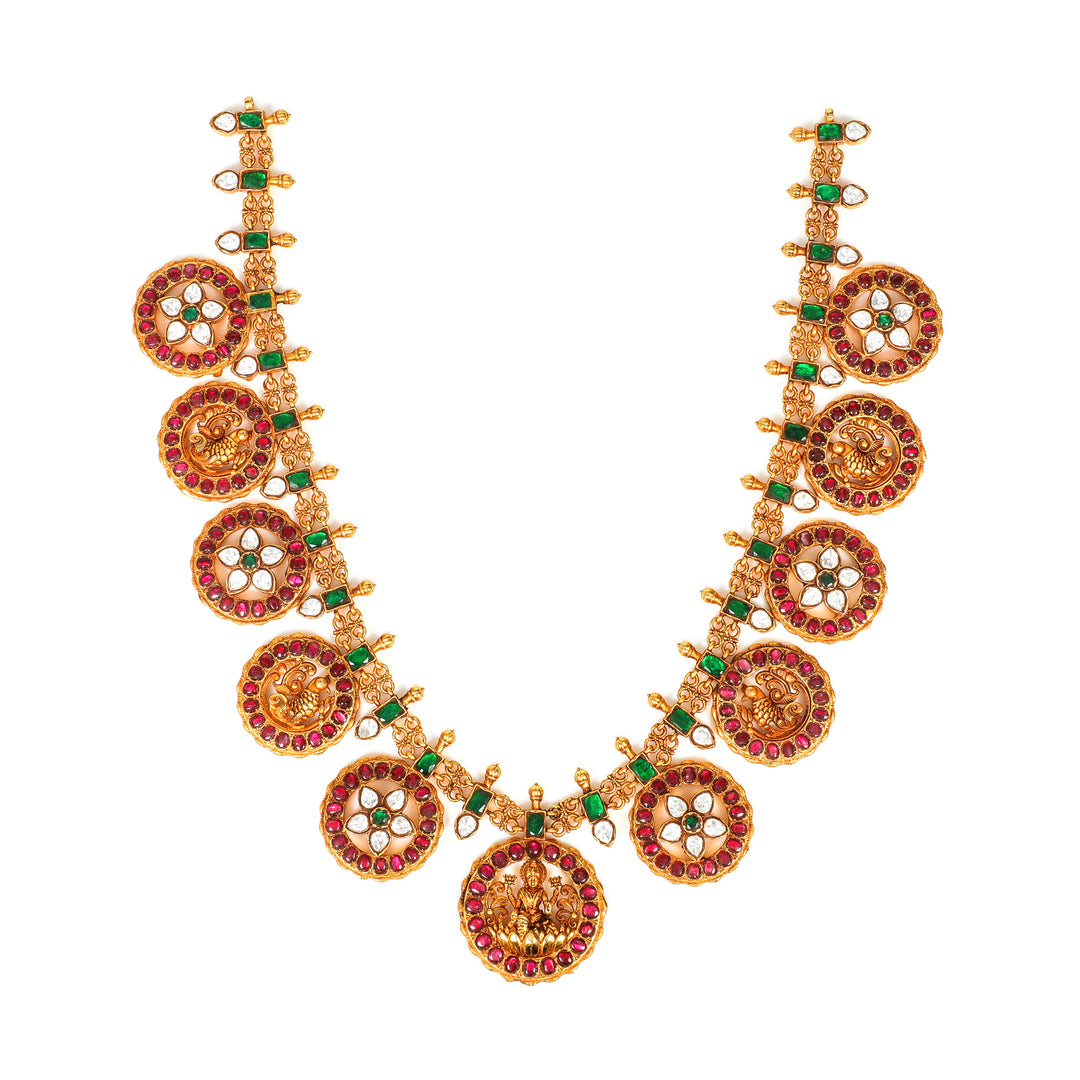 Temple Floral Necklace: traditional temple-style necklace with repeating round floral motifs and green accents