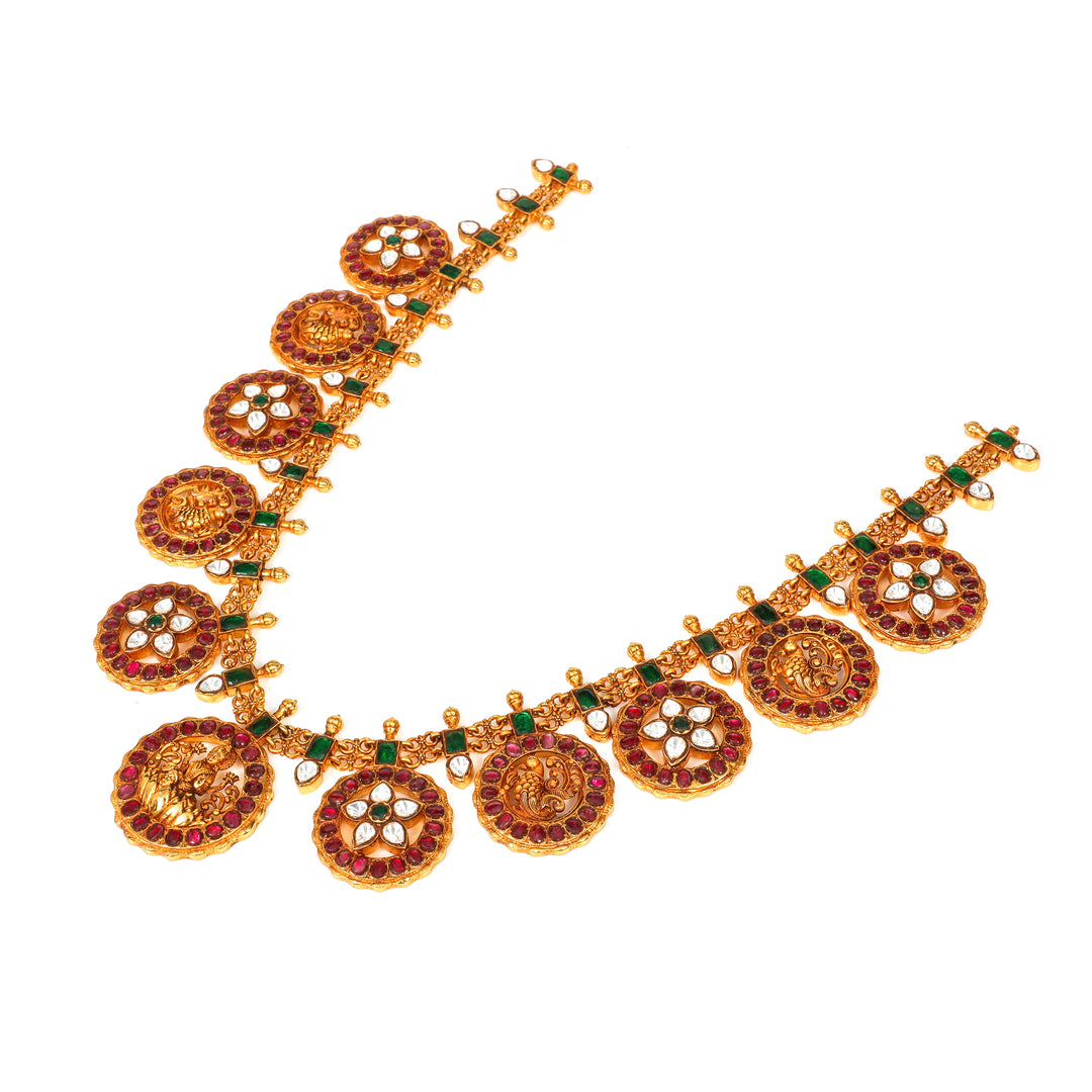 Temple Floral Necklace: traditional temple-style necklace with repeating round floral motifs and green accents