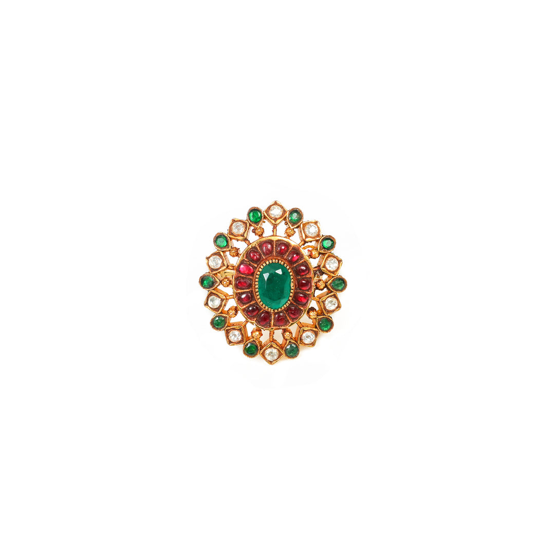 Rani Oval Jadau-Inspired Ring: ornate oval ring with a red centre stone and green and clear accents