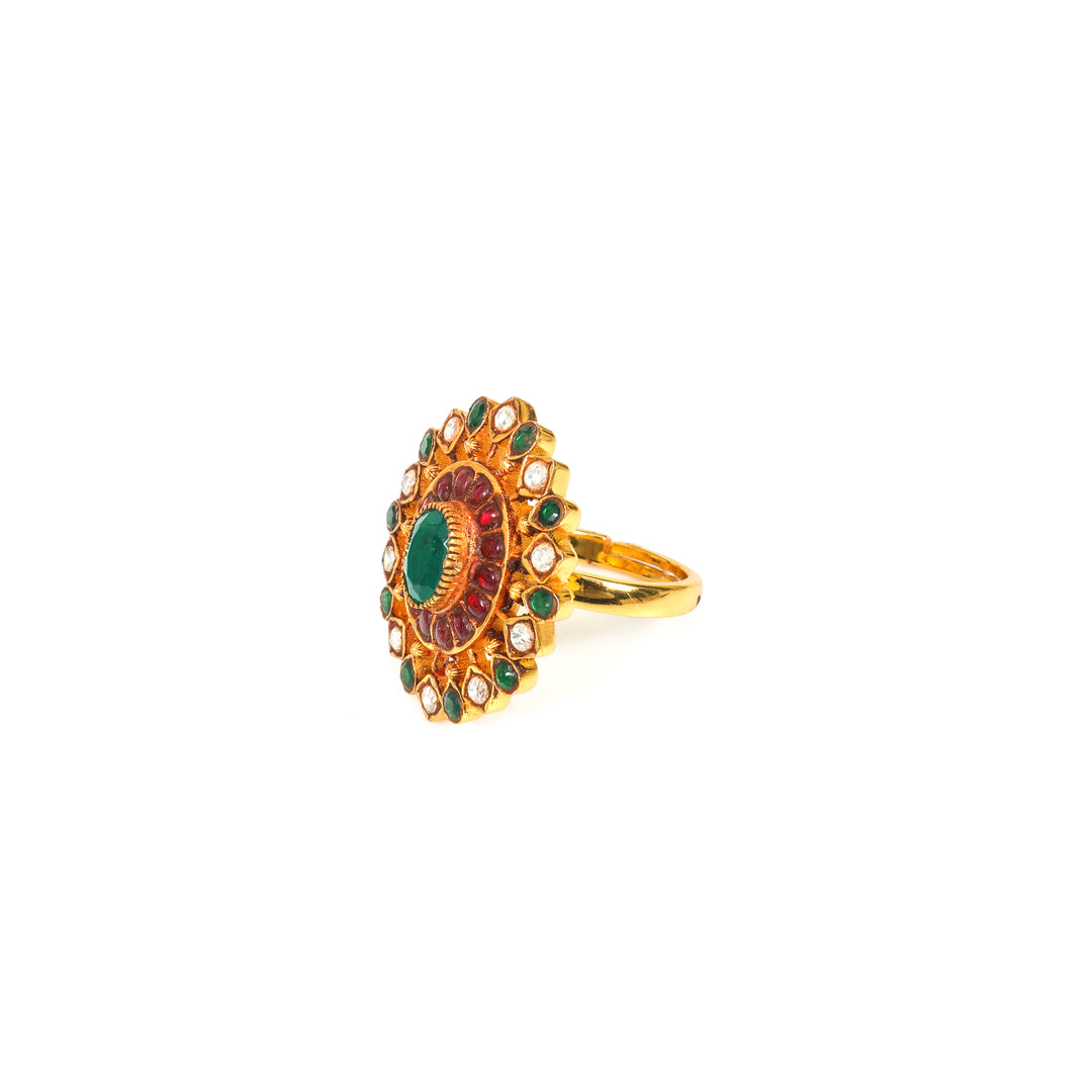 Rani Oval Jadau-Inspired Ring: ornate oval ring with a red centre stone and green and clear accents